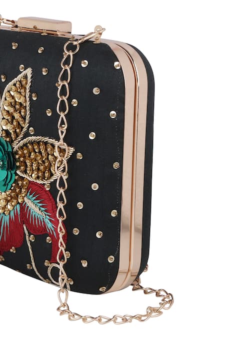 Shop_Nazaakat By Samara Singh_Black Sequins, Embroidery, Beads Floral Motif Clutch _Online_at_Aza_Fashions