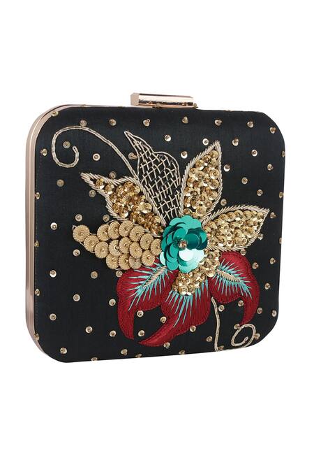 Buy_Nazaakat By Samara Singh_Black Sequins, Embroidery, Beads Floral Motif Clutch 