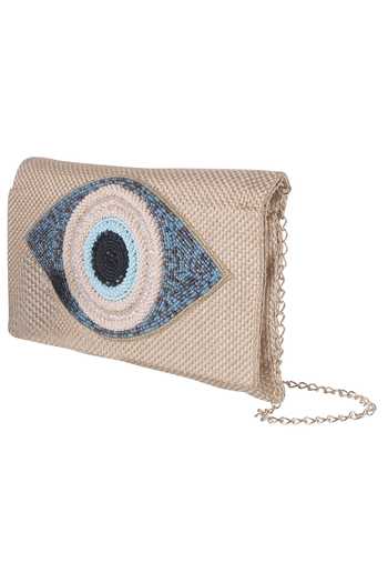 Shop_Nazaakat By Samara Singh_Beige Beads Evil Eye Flap Clutch _Online_at_Aza_Fashions