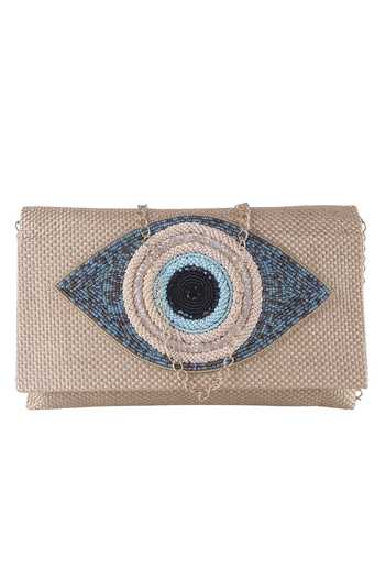 Nazaakat By Samara Singh_Beige Beads Evil Eye Flap Clutch _at_Aza_Fashions