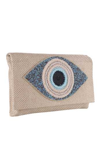 Buy_Nazaakat By Samara Singh_Beige Beads Evil Eye Flap Clutch 
