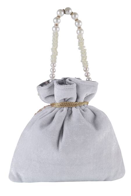 Nazaakat By Samara Singh_Gray Beads, Pearls, Embroidery, Tassels Potli Bag With Handle _Online_at_Aza_Fashions