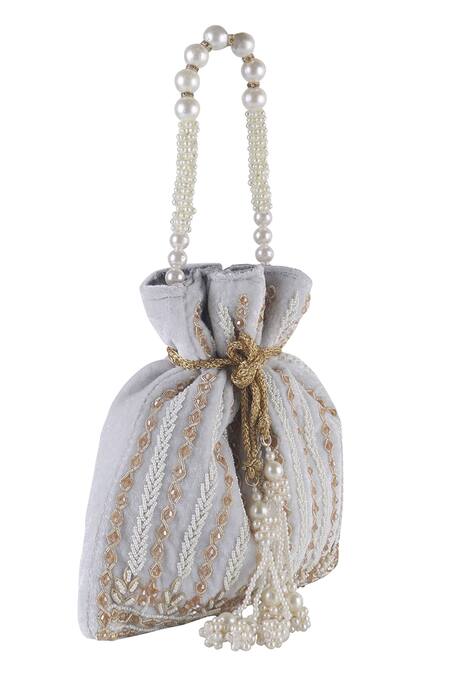 Shop_Nazaakat By Samara Singh_Gray Beads, Pearls, Embroidery, Tassels Potli Bag With Handle _Online_at_Aza_Fashions