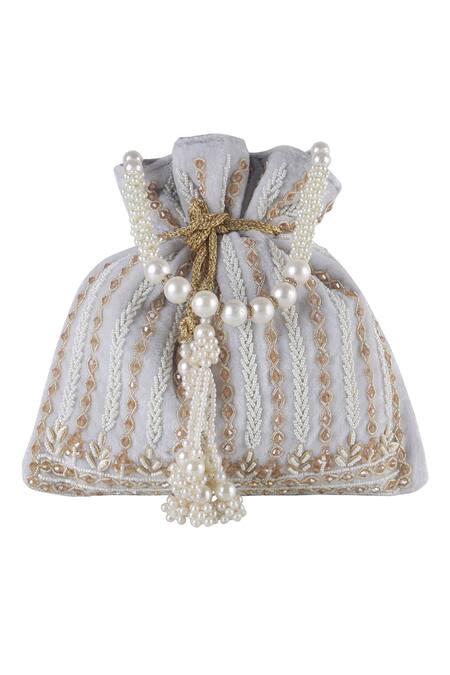 Nazaakat By Samara Singh_Gray Beads, Pearls, Embroidery, Tassels Potli Bag With Handle _at_Aza_Fashions