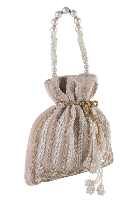 Shop_Nazaakat By Samara Singh_Beige Beads, Pearls, Embroidery, Tassels Potli Bag With Handle_Online_at_Aza_Fashions