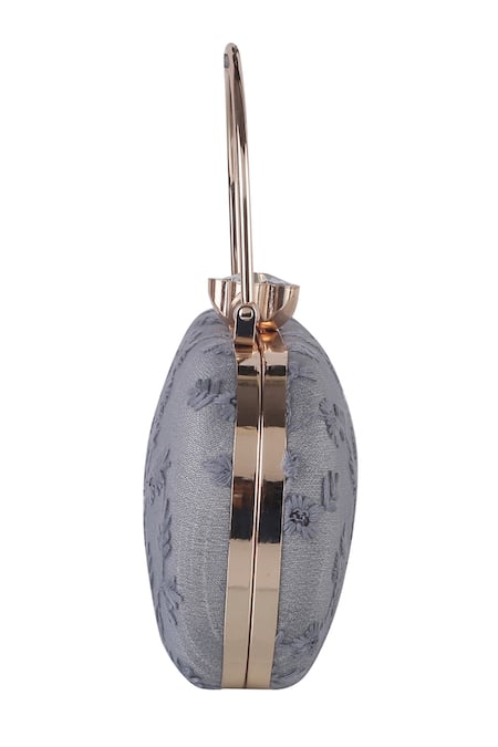 Nazaakat By Samara Singh_Silver Embroidery, Sequins, Crystals Floral Oval Clutch With Handle _Online_at_Aza_Fashions