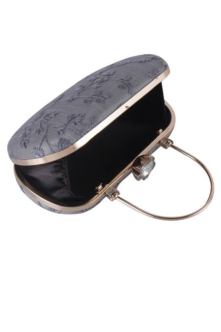 Buy_Nazaakat By Samara Singh_Silver Embroidery, Sequins, Crystals Floral Oval Clutch With Handle _Online_at_Aza_Fashions
