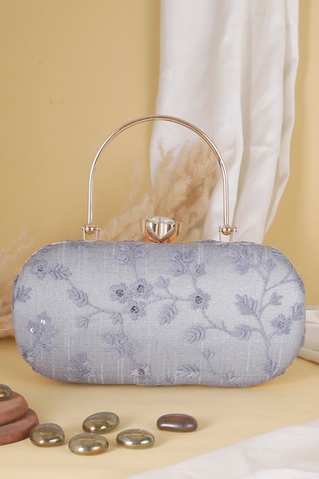 Nazaakat By Samara Singh Floral Embroidered Oval Clutch With Handle 