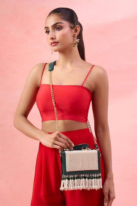 The Purple Sack Pearl & Bead Embellished Fringe Clutch Bag 