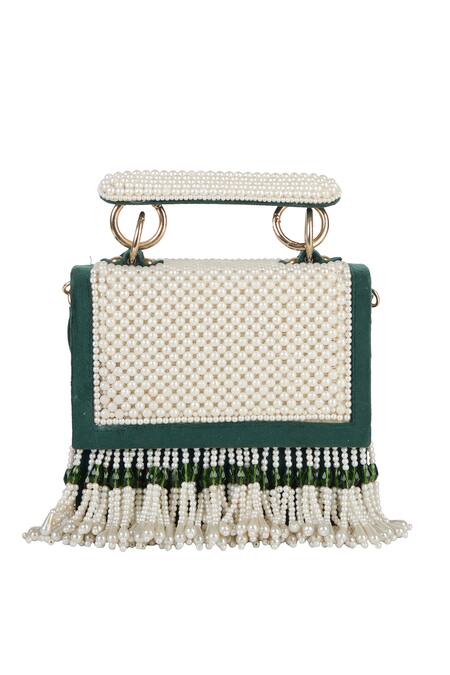 Buy_The Purple Sack_Green Beads, Tassels Pearl And Embellished Fringe Clutch Bag 