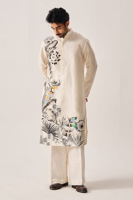 Wabi Sabi By Anshum-Ritesh Monochrome Garden Chanderi Bird & Floral Print Kurta Set 