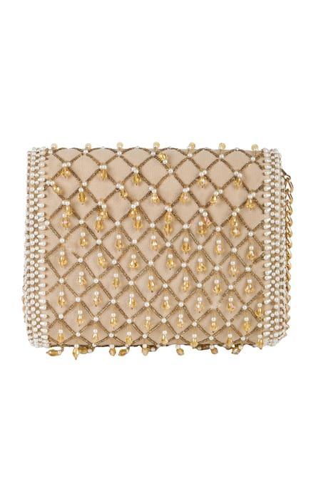 Buy_The Purple Sack_Beige Beads, Sequins Beaded Lattice Pattern Clutch  