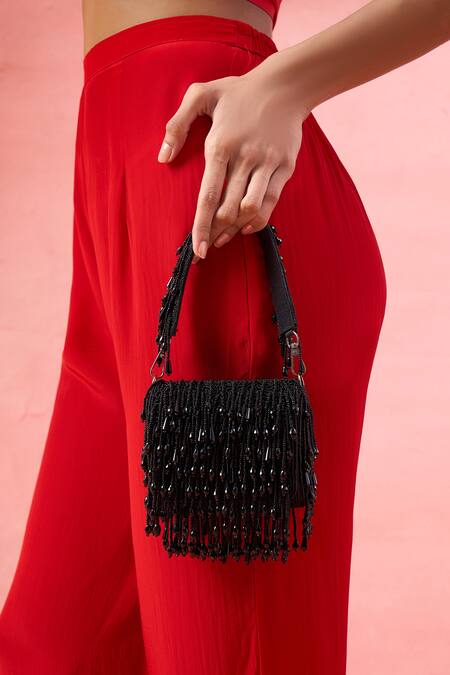 Buy_The Purple Sack_Black Beads, Tassels Beaded Fringe Potli Bag 