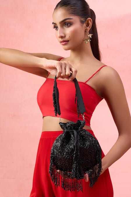 Shop_The Purple Sack_Black Beads, Tassels Beaded Fringe Drawstring Potli Bag _Online_at_Aza_Fashions