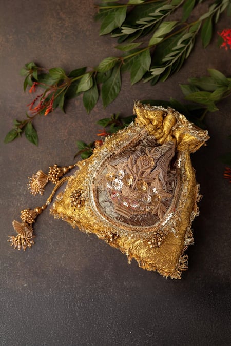 Bhavna Kumar Gold Zardozi Potli Bag with Sling Chain 