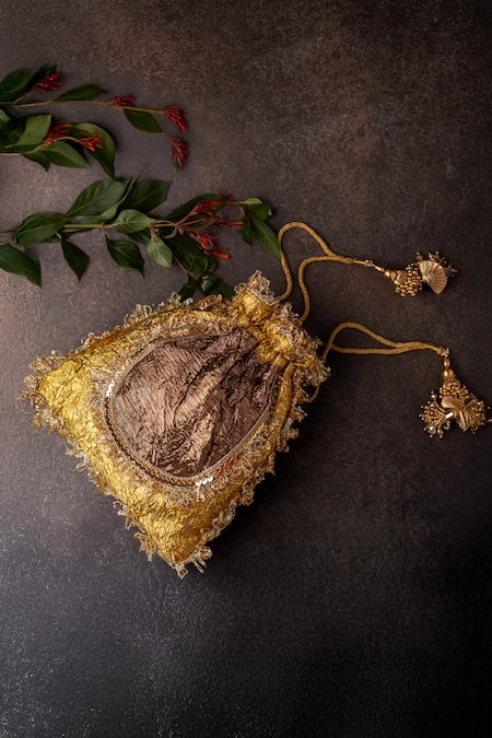 Bhavna Kumar Gold Zardozi Potli Bag with Sling Chain 