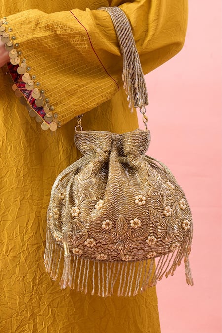 The Purple Sack Beaded Floral & Leaf Embroidered Potli Bag 