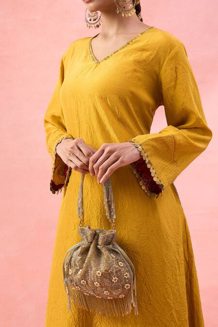 The Purple Sack_Gold Beads, Pearls, Embroidery Beaded Floral And Leaf Potli Bag _at_Aza_Fashions