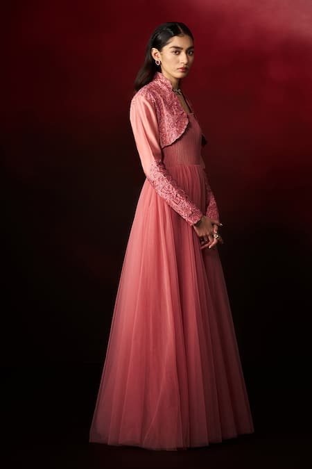 Aanchal Vijaywargi_Pink Net, Chanderi Piping, Embroidery, Cut Work Dusty Rose Gown With Jacket _Online_at_Aza_Fashions