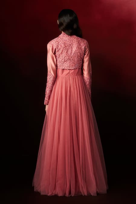 Aanchal Vijaywargi Dusty Rose Gown With Embroidered Jacket 