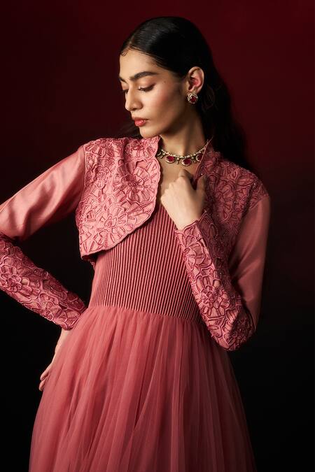 Shop_Aanchal Vijaywargi_Pink Net, Chanderi Piping, Embroidery, Cut Work Dusty Rose Gown With Jacket _Online_at_Aza_Fashions