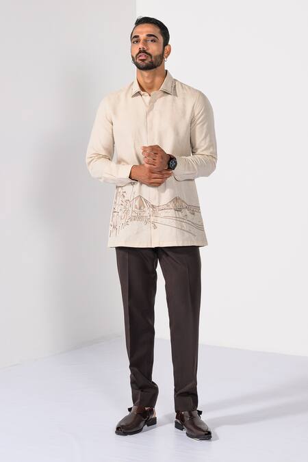 Kalpana Naik_Beige Cotton, Linen Embroidery Kolkata City Scape Hand Shirt _Online_at_Aza_Fashions