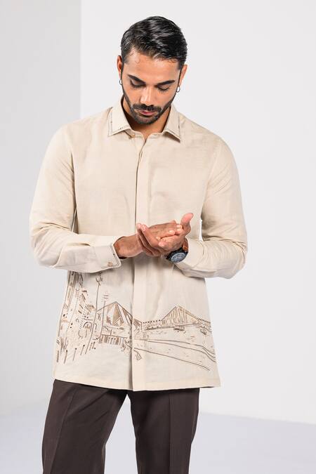 Buy_Kalpana Naik_Beige Cotton, Linen Embroidery Kolkata City Scape Hand Shirt _Online_at_Aza_Fashions