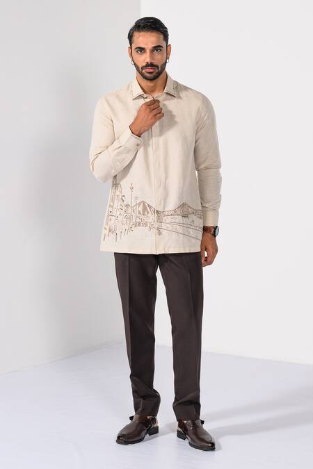 Shop_Kalpana Naik_Beige Cotton, Linen Embroidery Kolkata City Scape Hand Shirt _Online_at_Aza_Fashions