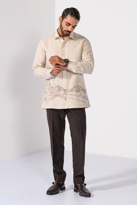 Kalpana Naik_Beige Cotton, Linen Embroidery Kolkata City Scape Hand Shirt _at_Aza_Fashions