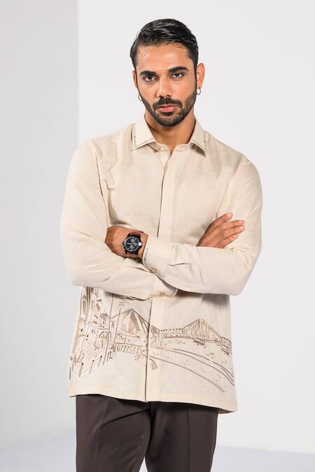 Buy_Kalpana Naik_Beige Cotton, Linen Embroidery Kolkata City Scape Hand Shirt 