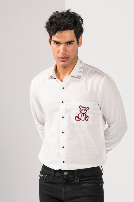 Kalpana Naik White Cotton, Linen Embroidery Drunken Teddy Shirt at Aza Fashions Kalpana Naik_White Cotton, Linen Embroidery Drunken Teddy Shirt _at_Aza_Fashions