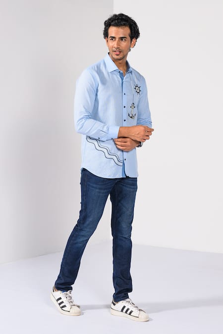 Kalpana Naik_Sky Blue Cotton, Linen Embroidery Harbour Dock Thread Shirt _Online_at_Aza_Fashions