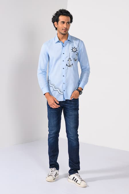 Buy_Kalpana Naik_Sky Blue Cotton, Linen Embroidery Harbour Dock Thread Shirt _Online_at_Aza_Fashions