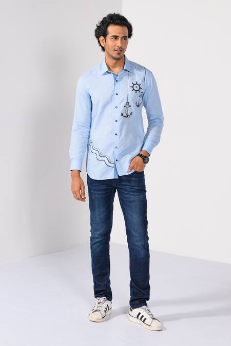 Shop_Kalpana Naik_Sky Blue Cotton, Linen Embroidery Harbour Dock Thread Shirt _Online_at_Aza_Fashions