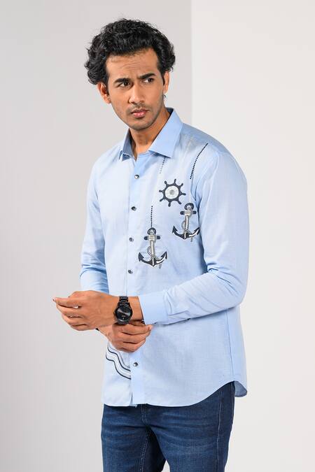 Kalpana Naik_Sky Blue Cotton, Linen Embroidery Harbour Dock Thread Shirt _at_Aza_Fashions