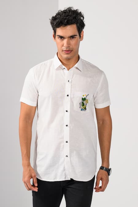 Buy_Kalpana Naik_White Cotton, Linen Embroidery Virgin Mojito Hand Shirt 