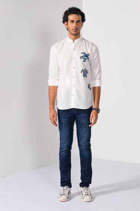 Kalpana Naik_White Cotton, Linen Embroidery Hawaiian Turtle Shirt _Online_at_Aza_Fashions