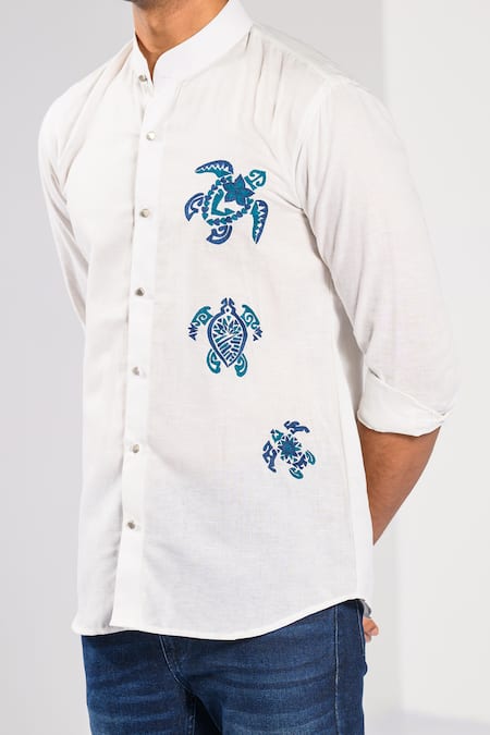 Buy_Kalpana Naik_White Cotton, Linen Embroidery Hawaiian Turtle Shirt _Online_at_Aza_Fashions