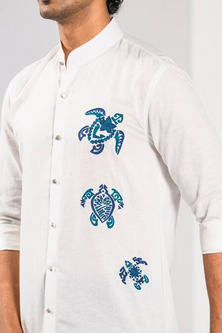 Kalpana Naik_White Cotton, Linen Embroidery Hawaiian Turtle Shirt _at_Aza_Fashions