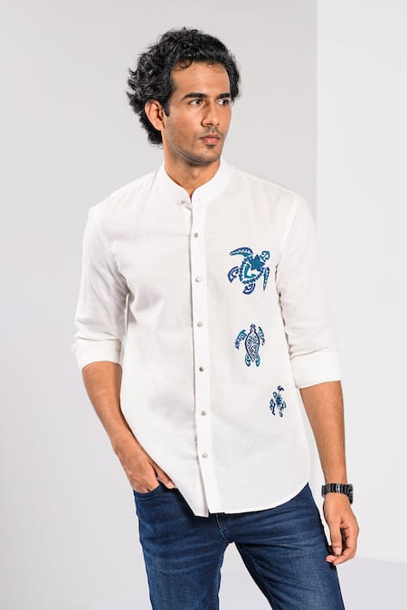 Kalpana Naik Hawaiian Turtle Embroidered Cotton Linen Shirt 