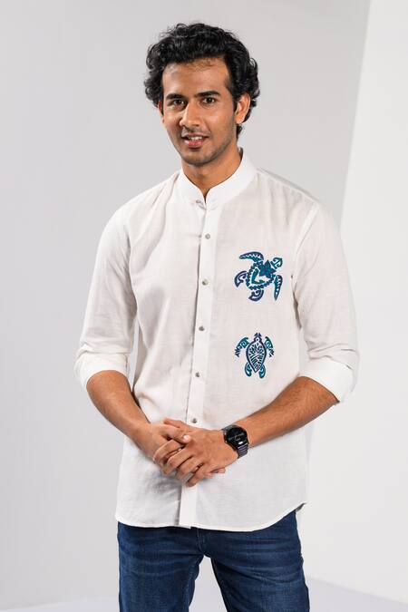Buy_Kalpana Naik_White Cotton, Linen Embroidery Hawaiian Turtle Shirt 