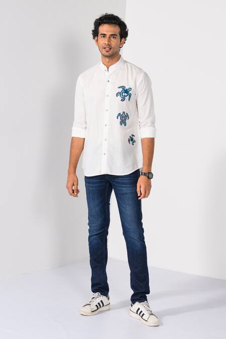 Shop_Kalpana Naik_White Cotton, Linen Embroidery Hawaiian Turtle Shirt 