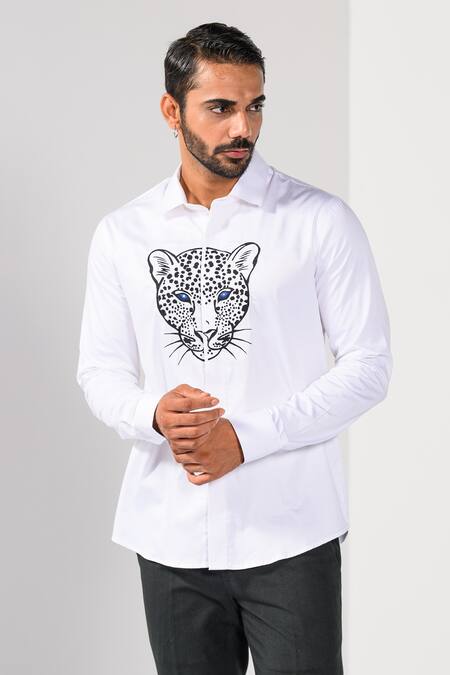 Kalpana Naik_White Cotton Embroidery Blue Eyed Jaguar Motif Hand Shirt _Online_at_Aza_Fashions