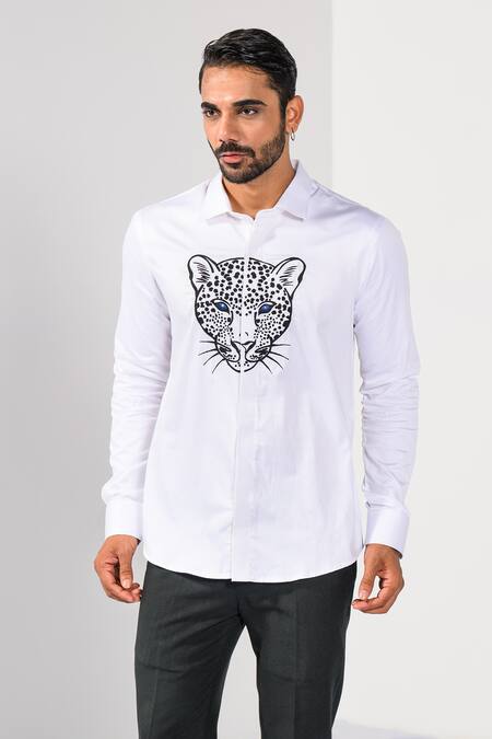 Buy_Kalpana Naik_White Cotton Embroidery Blue Eyed Jaguar Motif Hand Shirt _Online_at_Aza_Fashions