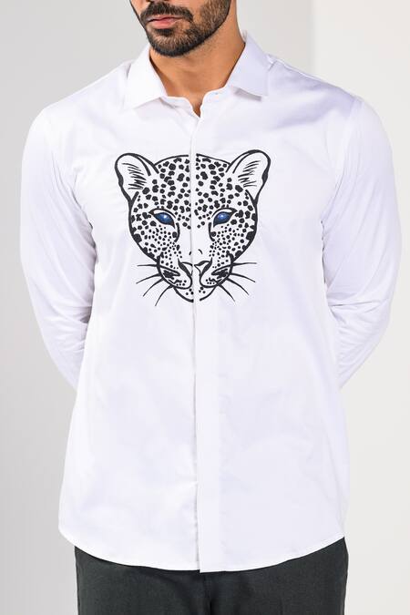 Shop_Kalpana Naik_White Cotton Embroidery Blue Eyed Jaguar Motif Hand Shirt _Online_at_Aza_Fashions