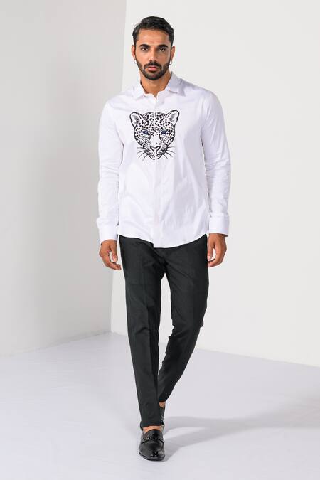 Buy_Kalpana Naik_White Cotton Embroidery Blue Eyed Jaguar Motif Hand Shirt 