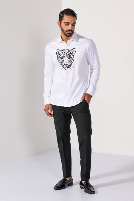 Shop_Kalpana Naik_White Cotton Embroidery Blue Eyed Jaguar Motif Hand Shirt 