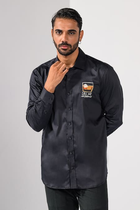 Kalpana Naik_Black Cotton Embroidery Whiskey On The Rocks Hand Shirt _Online_at_Aza_Fashions