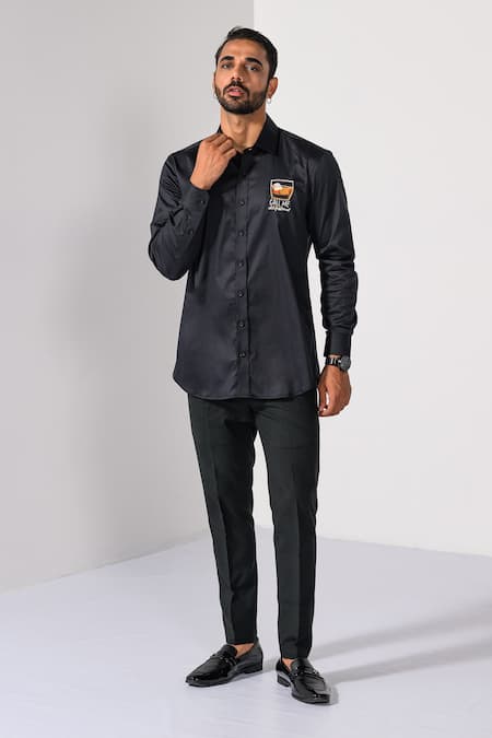 Shop_Kalpana Naik_Black Cotton Embroidery Whiskey On The Rocks Hand Shirt _Online_at_Aza_Fashions