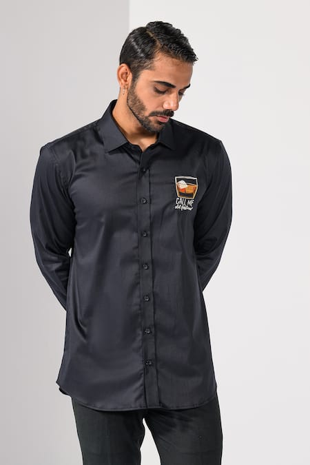 Kalpana Naik_Black Cotton Embroidery Whiskey On The Rocks Hand Shirt _at_Aza_Fashions